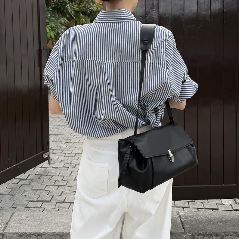 Soft Black Leather Flap Baguette Shoulder Bag