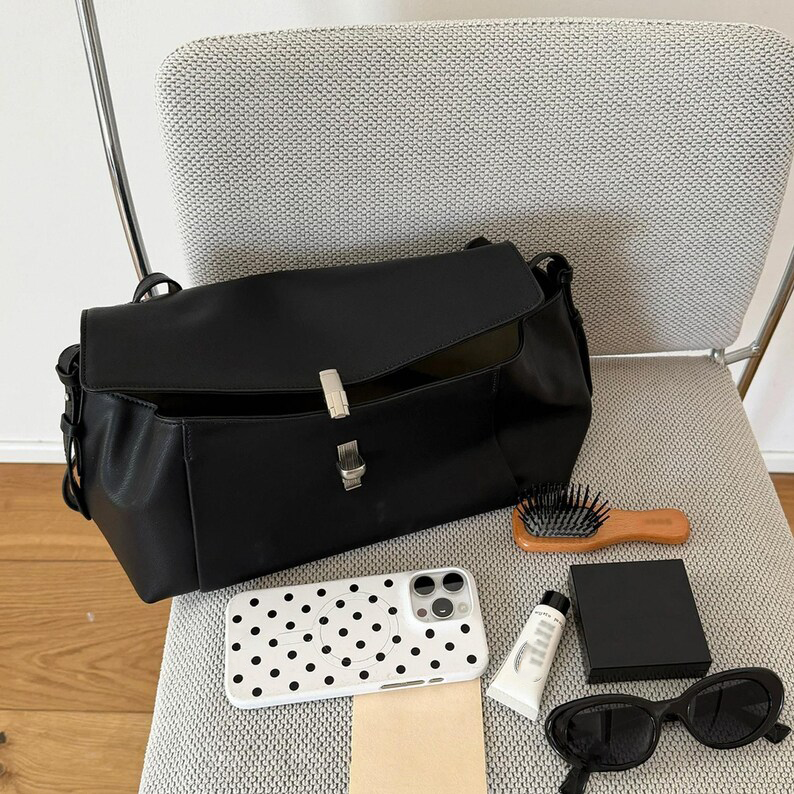 Soft Black Leather Flap Baguette Shoulder Bag