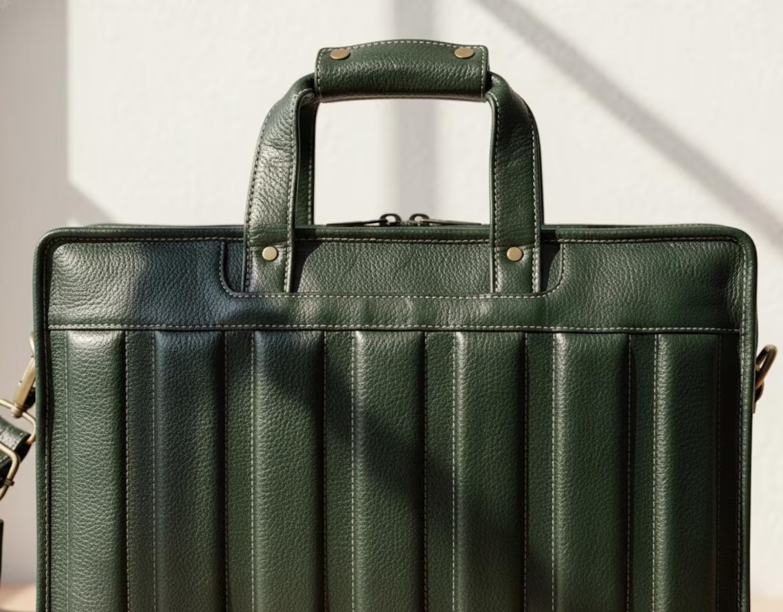 Vertical Quilted Dark Green Leather Business Briefcase Laptop Bag