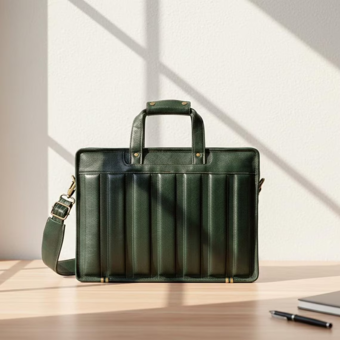 Vertical Quilted Dark Green Leather Business Briefcase Laptop Bag