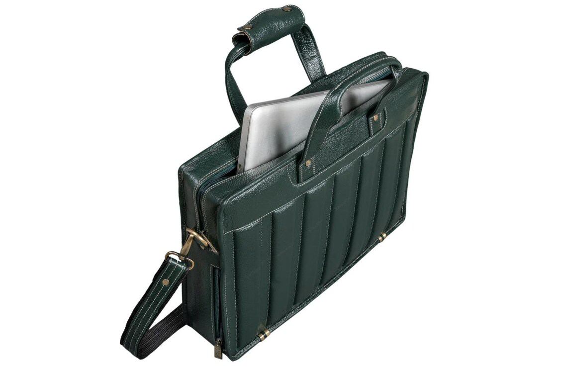 Vertical Quilted Dark Green Leather Business Briefcase Laptop Bag