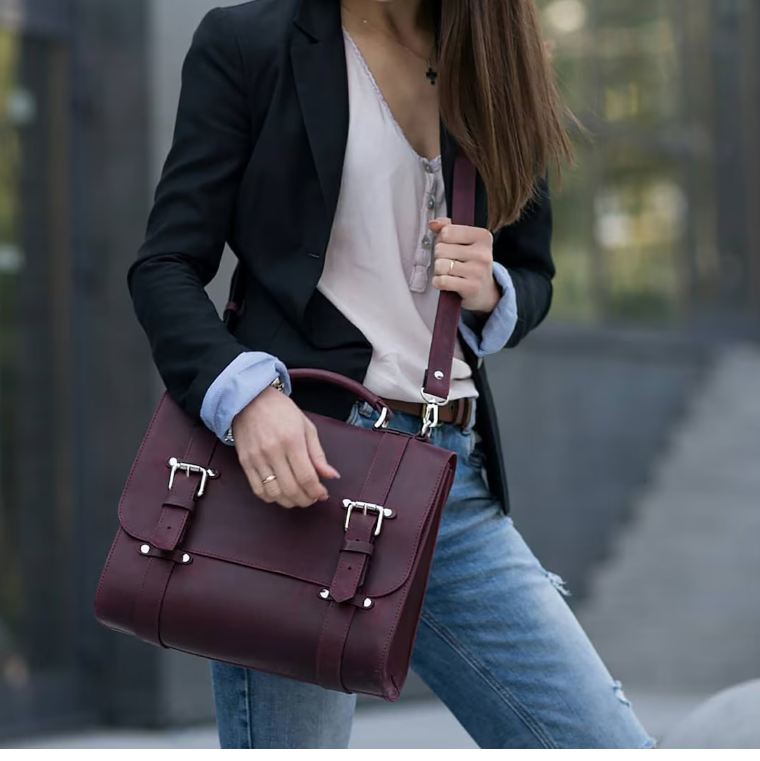Burgundy Full Grain Leather Satchel Briefcase