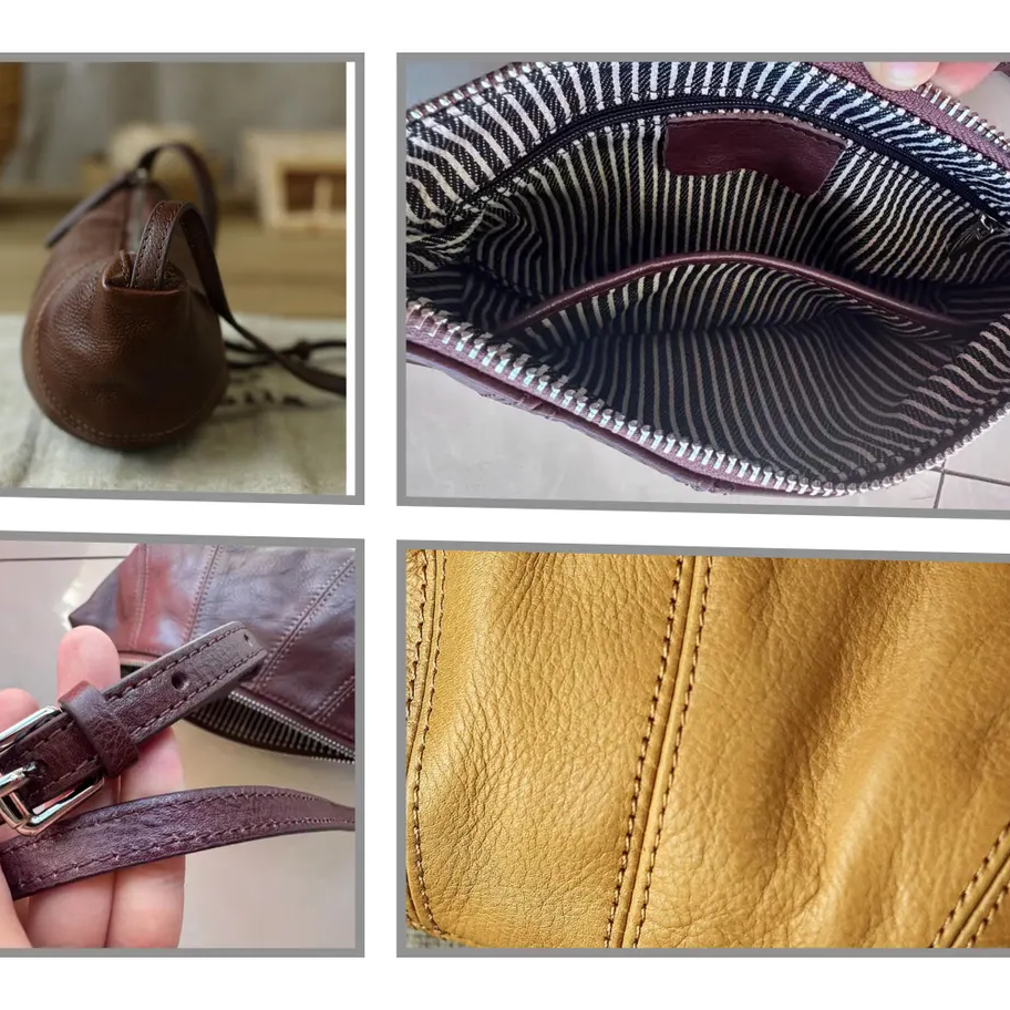 Vintage Pebble Leather Curved Crescent Crossbody Shoulder Bag