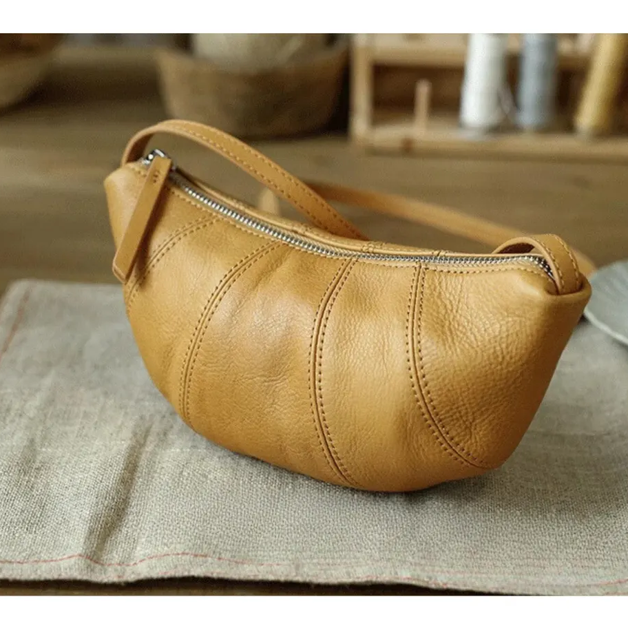 Vintage Pebble Leather Curved Crescent Crossbody Shoulder Bag