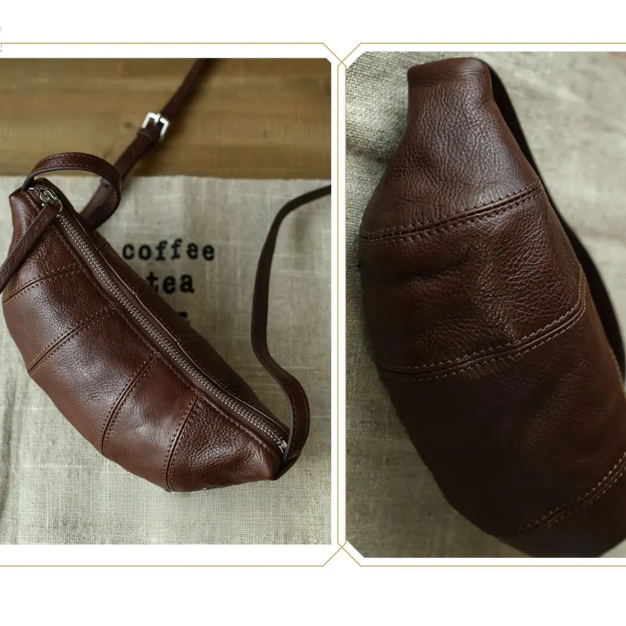 Vintage Pebble Leather Curved Crescent Crossbody Shoulder Bag