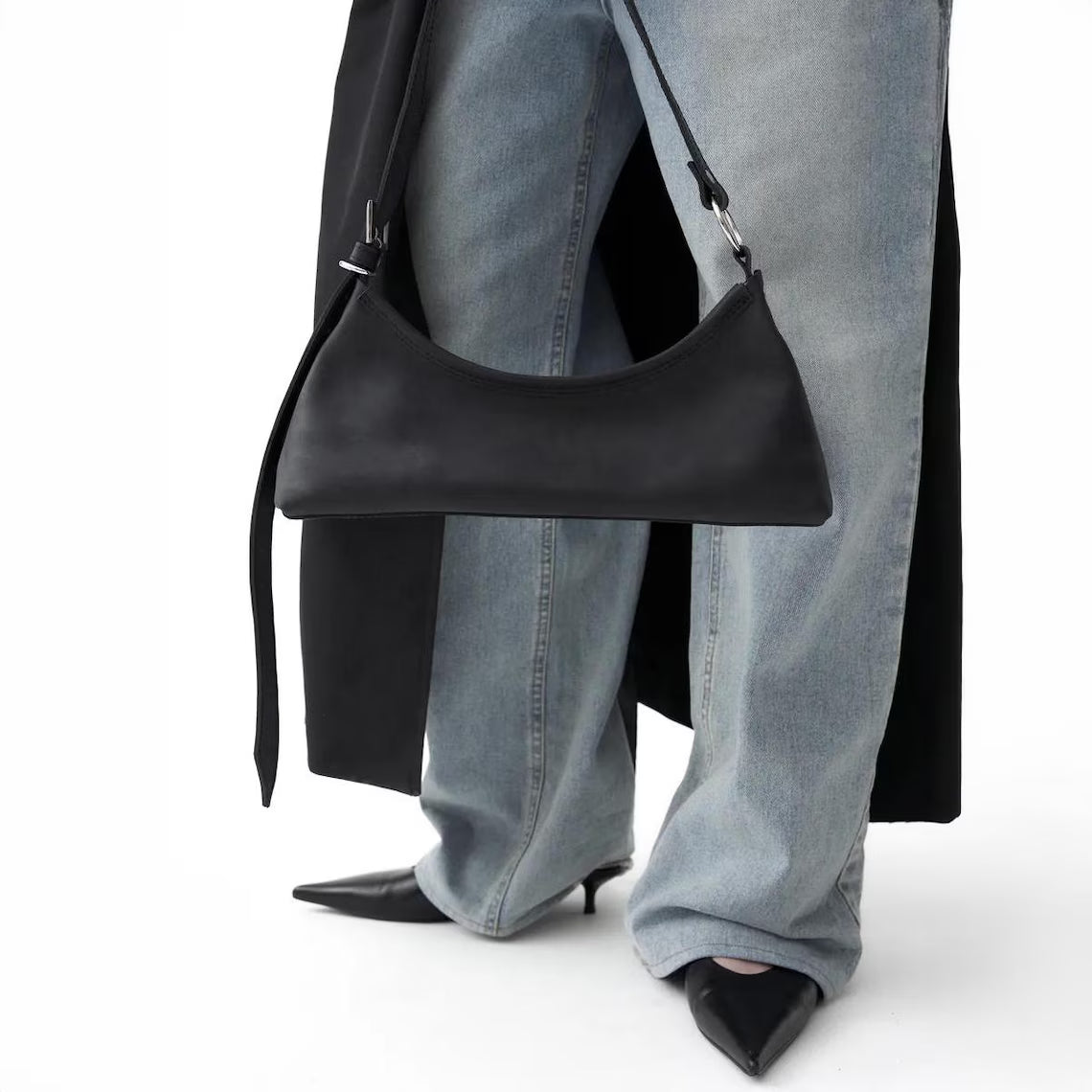 Burgundy Smooth Leather Slim Curved Shoulder Bag