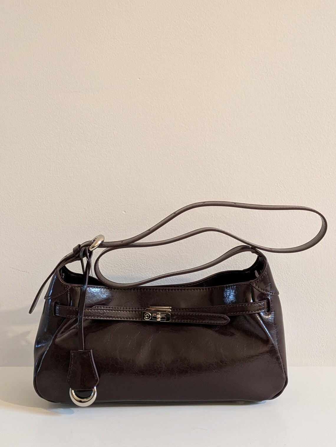 Dark Brown Crackle Leather Lock Detail Shoulder Bag