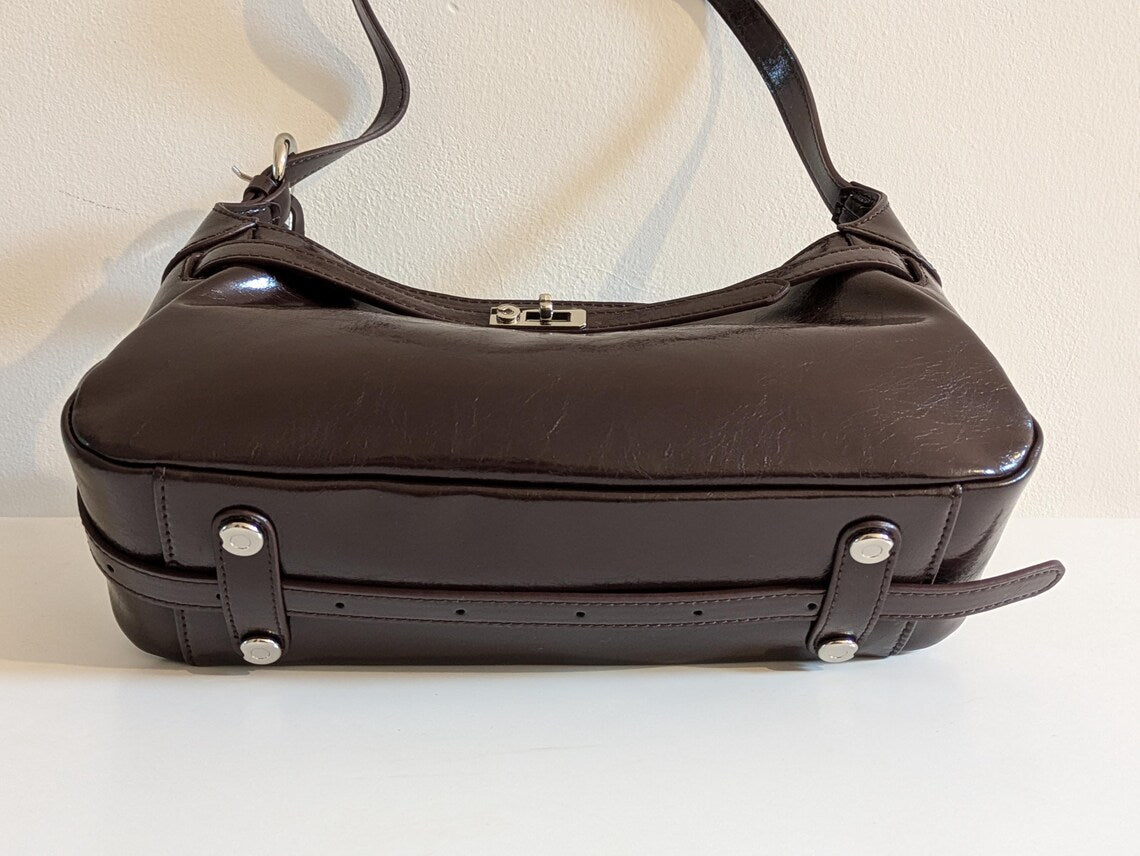 Dark Brown Crackle Leather Lock Detail Shoulder Bag
