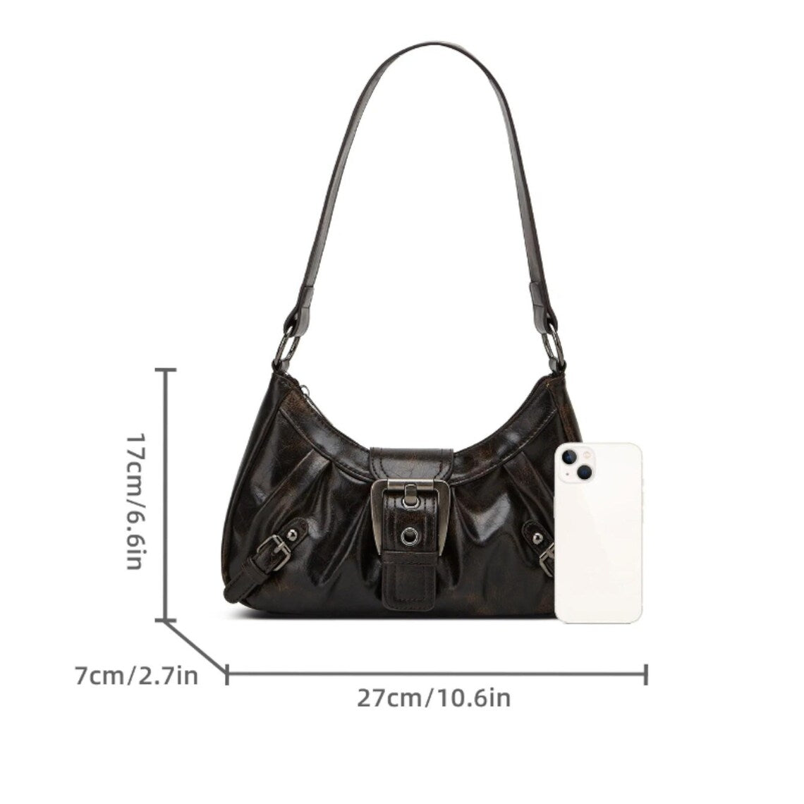 Dark Brown Ruched Leather Buckle Decor Shoulder Bag