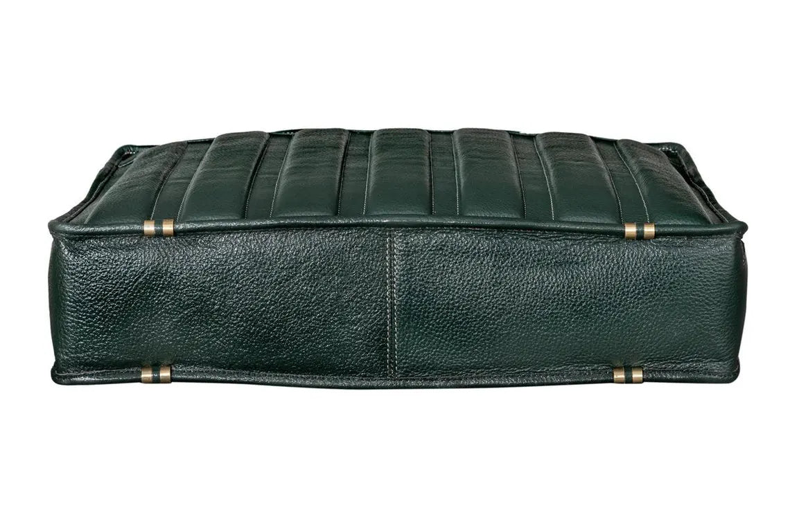 Vertical Quilted Dark Green Leather Business Briefcase Laptop Bag