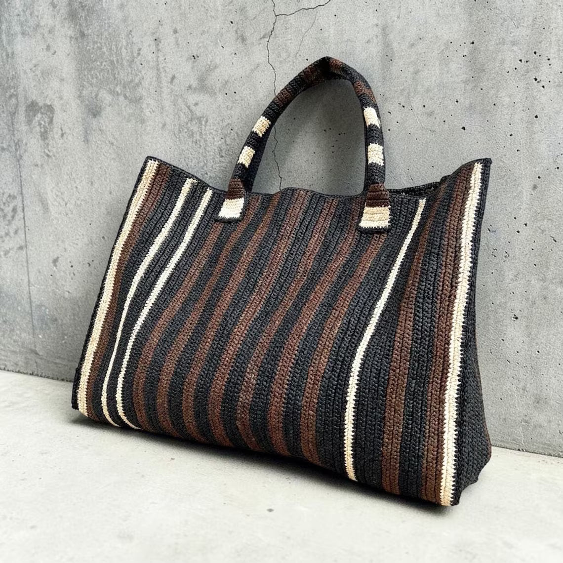 Handmade Striped Crochet Raffia Large Tote Shoulder Bag