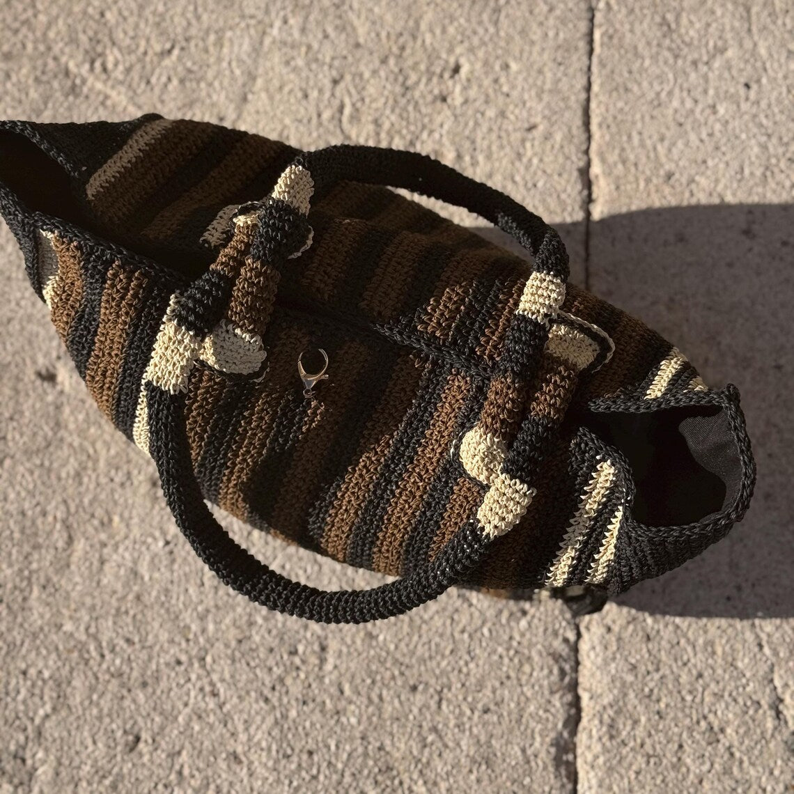 Handmade Striped Crochet Raffia Large Tote Shoulder Bag