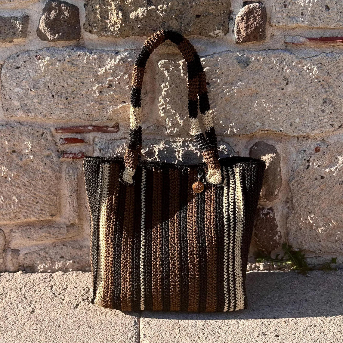 Handmade Striped Crochet Raffia Large Tote Shoulder Bag