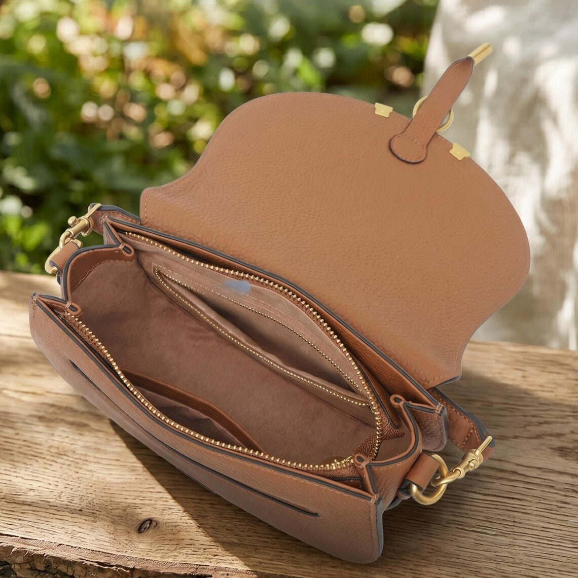 Layered Stitch Brown Leather Half Moon Saddle Crossbody Bag