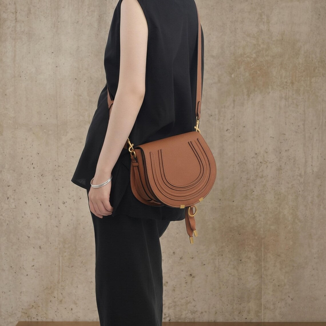 Layered Stitch Brown Leather Half Moon Saddle Crossbody Bag