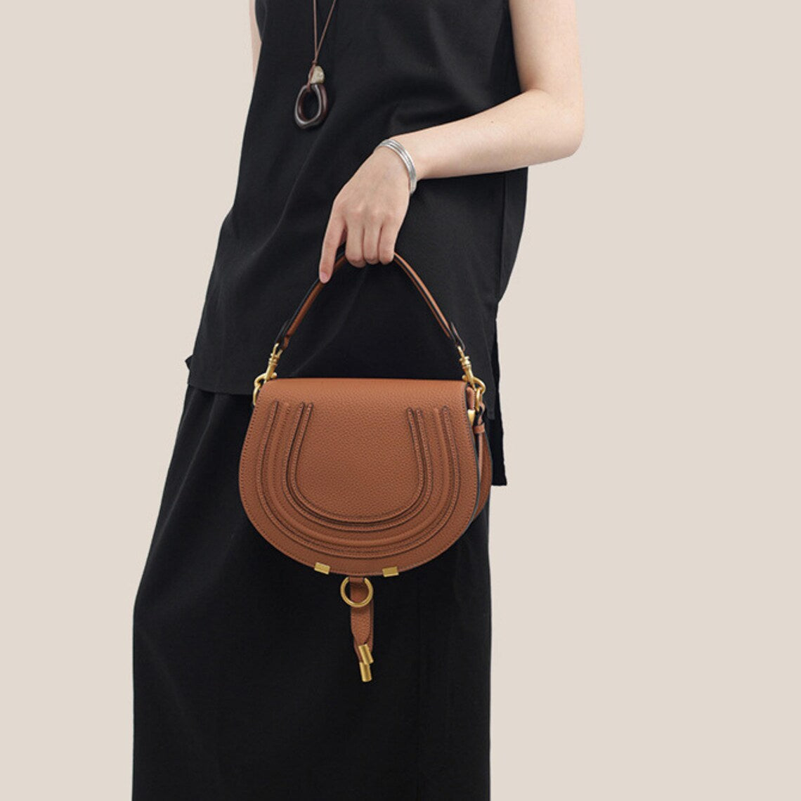 Layered Stitch Brown Leather Half Moon Saddle Crossbody Bag