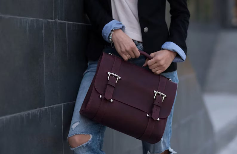 Burgundy Full Grain Leather Satchel Briefcase