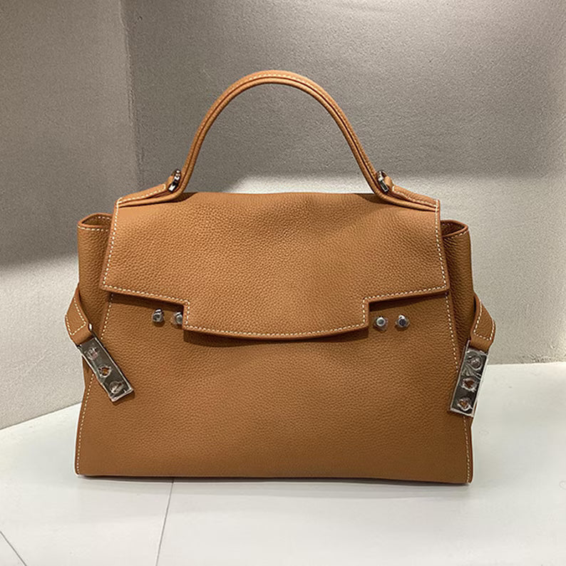 Black Grain Cow Leather Flap Trapeze Handbag