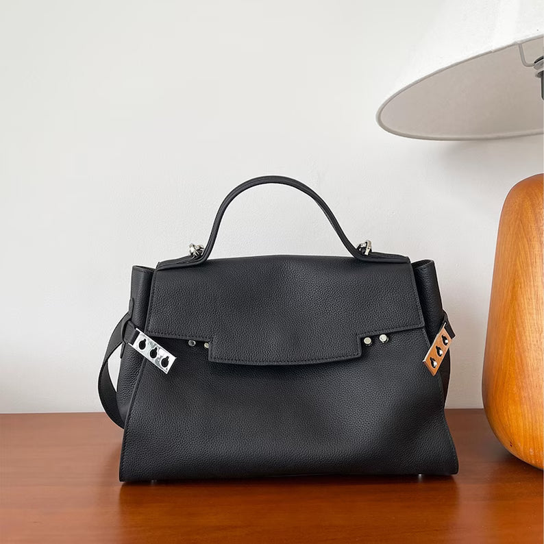 Black Grain Cow Leather Flap Trapeze Handbag