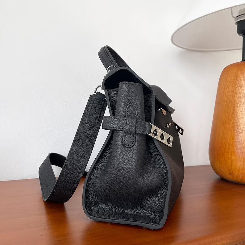 Black Grain Cow Leather Flap Trapeze Handbag