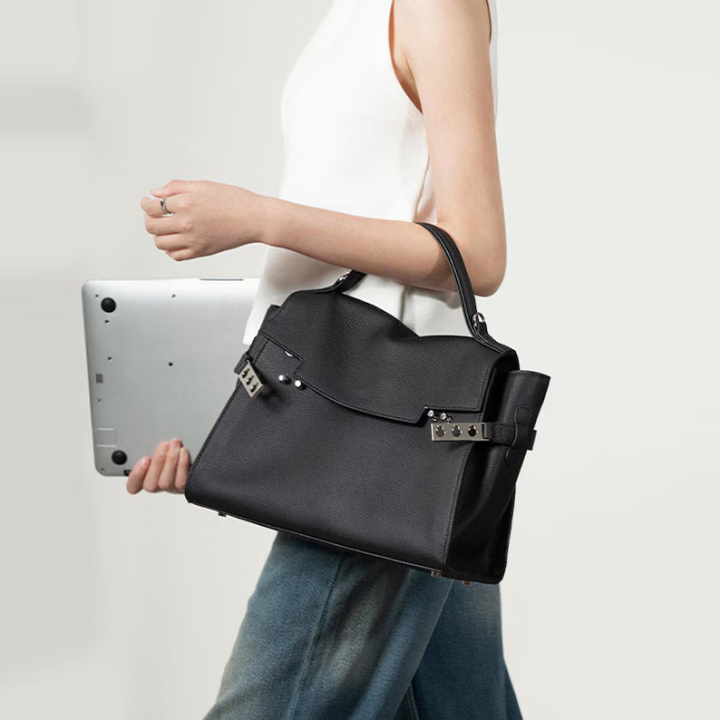 Black Grain Cow Leather Flap Trapeze Handbag