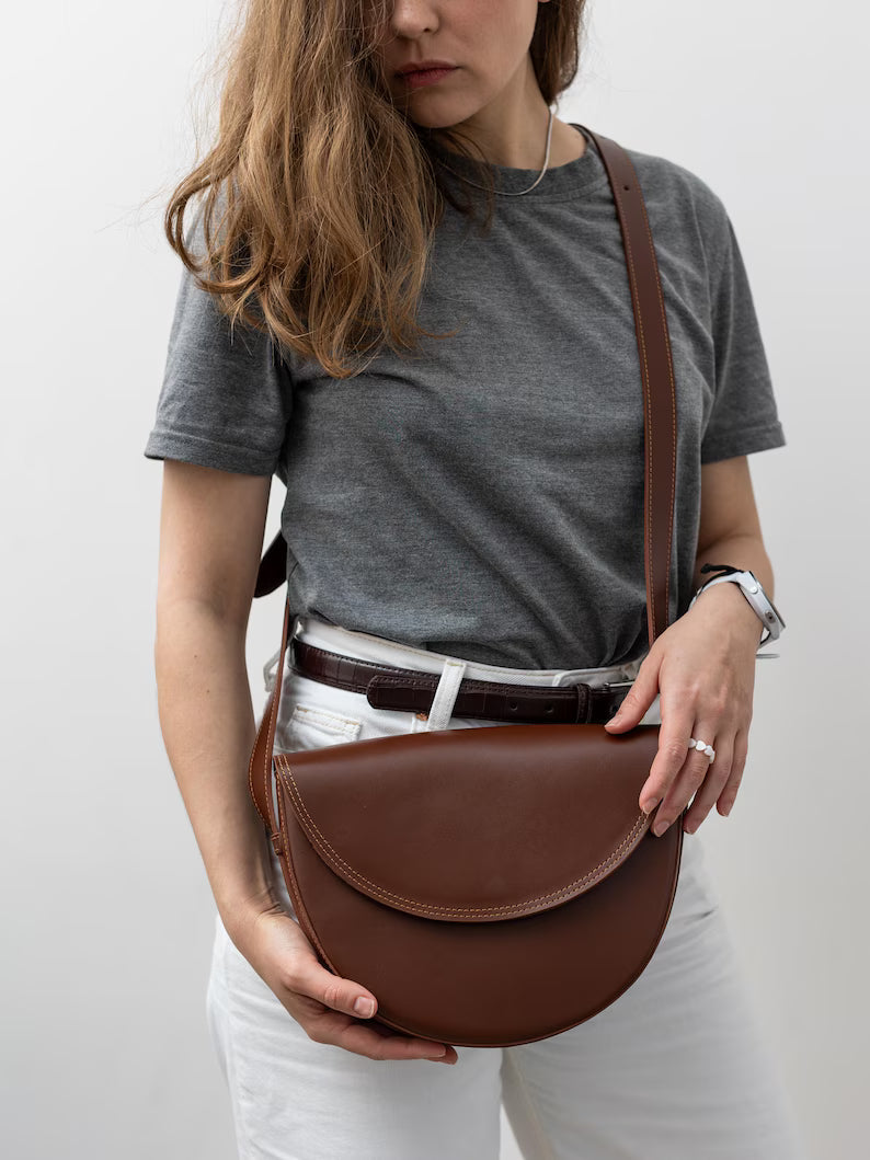 Smooth Dark Brown Leather Mini Saddle Crossbody Bag