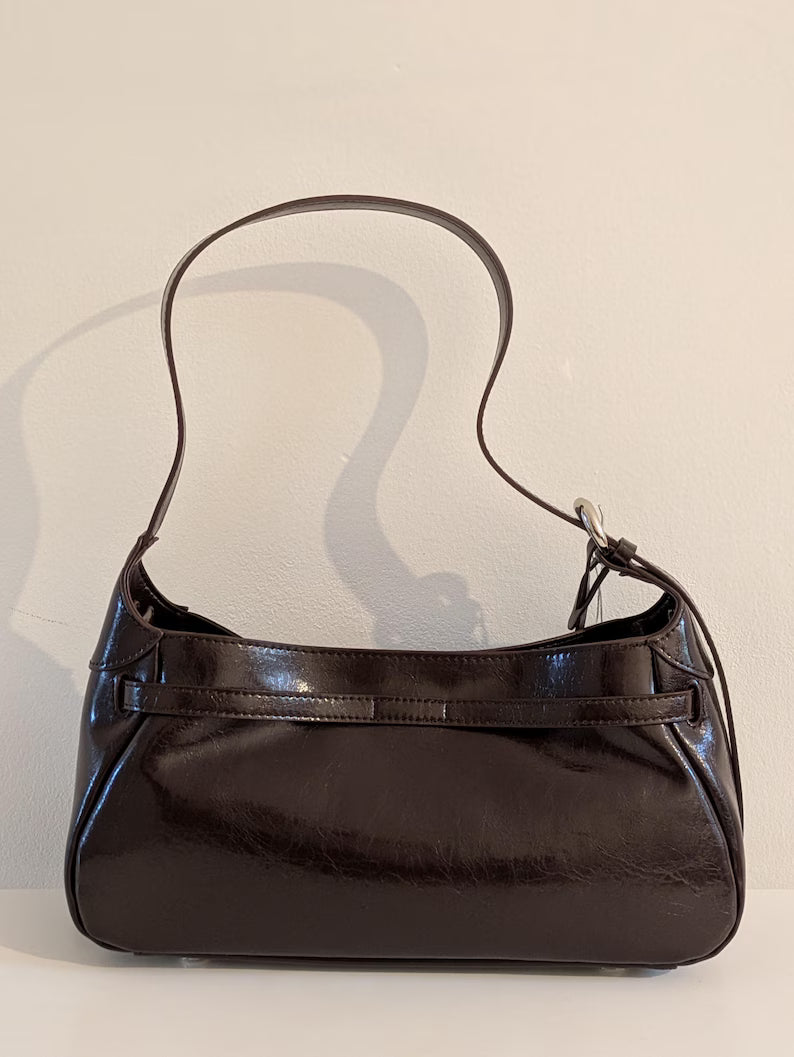 Dark Brown Crackle Leather Lock Detail Shoulder Bag
