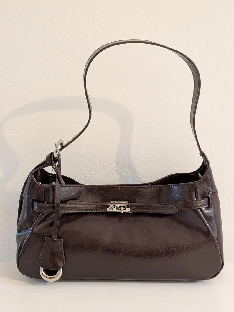 Dark Brown Crackle Leather Lock Detail Shoulder Bag