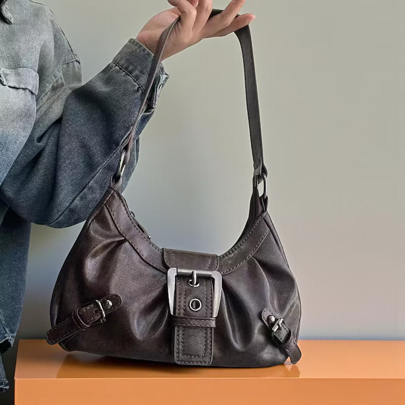 Dark Brown Ruched Leather Buckle Decor Shoulder Bag