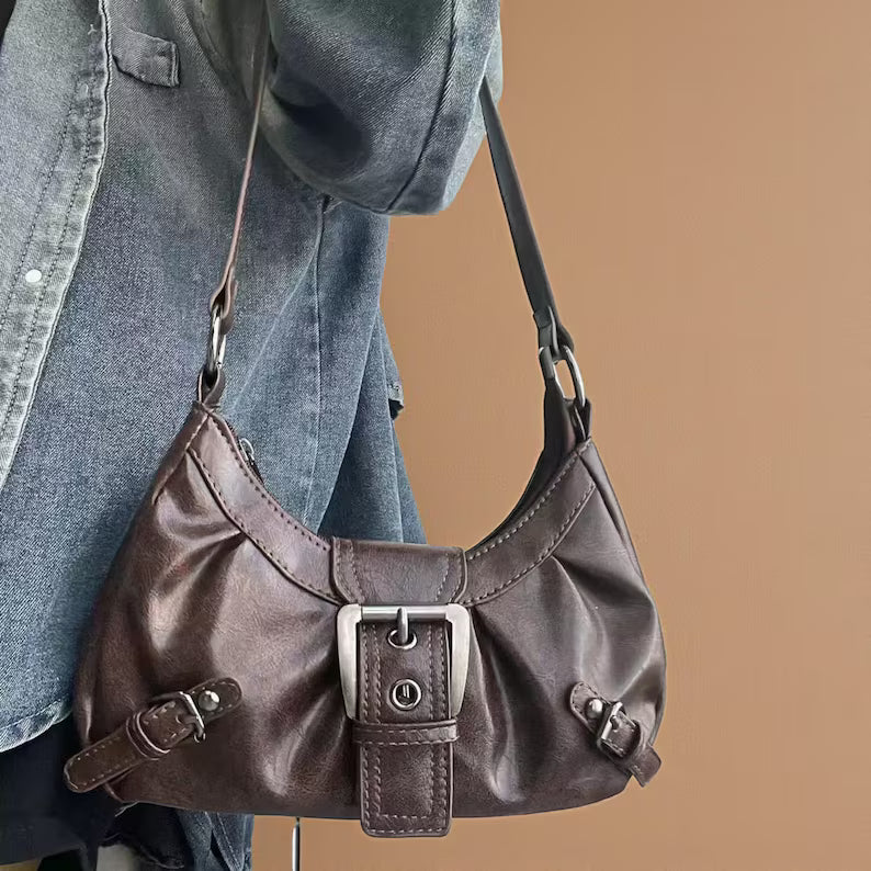 Dark Brown Ruched Leather Buckle Decor Shoulder Bag