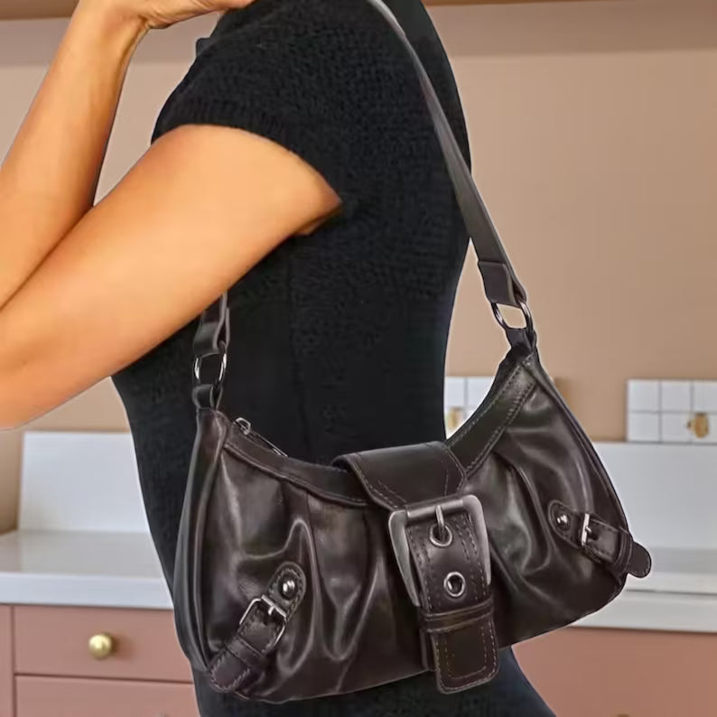 Dark Brown Ruched Leather Buckle Decor Shoulder Bag