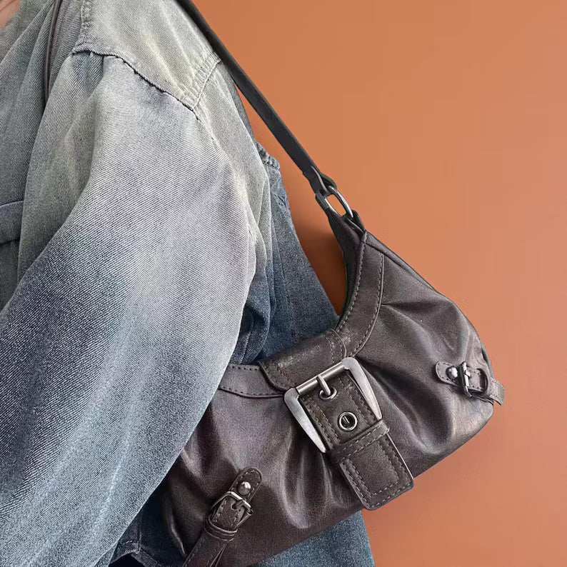 Dark Brown Ruched Leather Buckle Decor Shoulder Bag