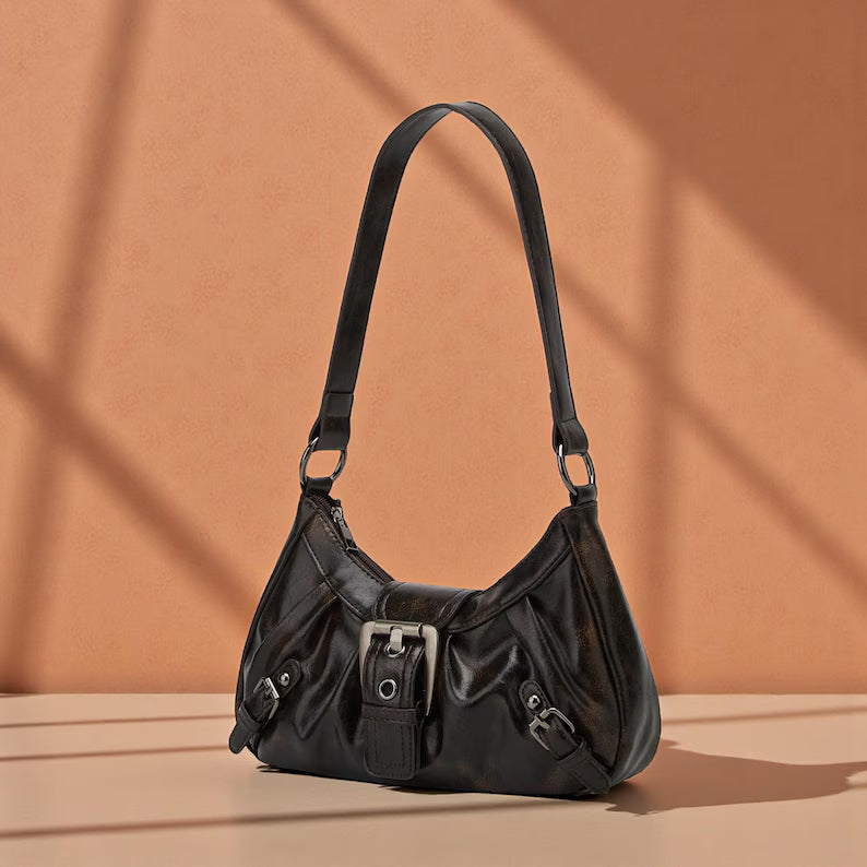 Dark Brown Ruched Leather Buckle Decor Shoulder Bag