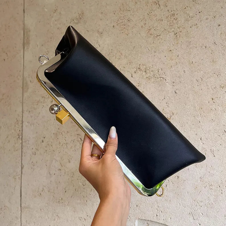 Long Black Satin Frame Clutch Bag
