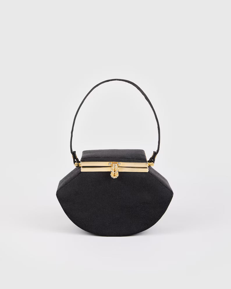 Black Satin Rhinestone Clasp Octagonal Evening Mini Handbag