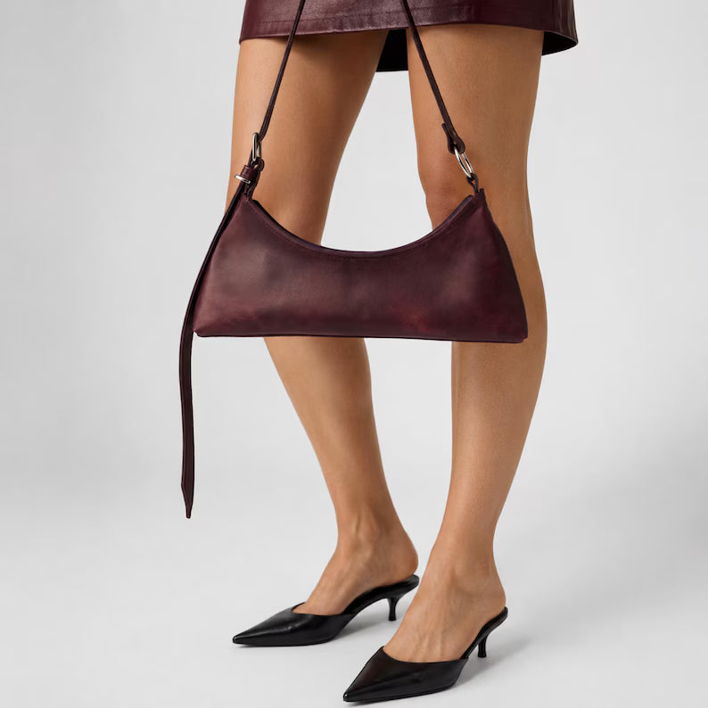 Burgundy Smooth Leather Slim Curved Shoulder Bag
