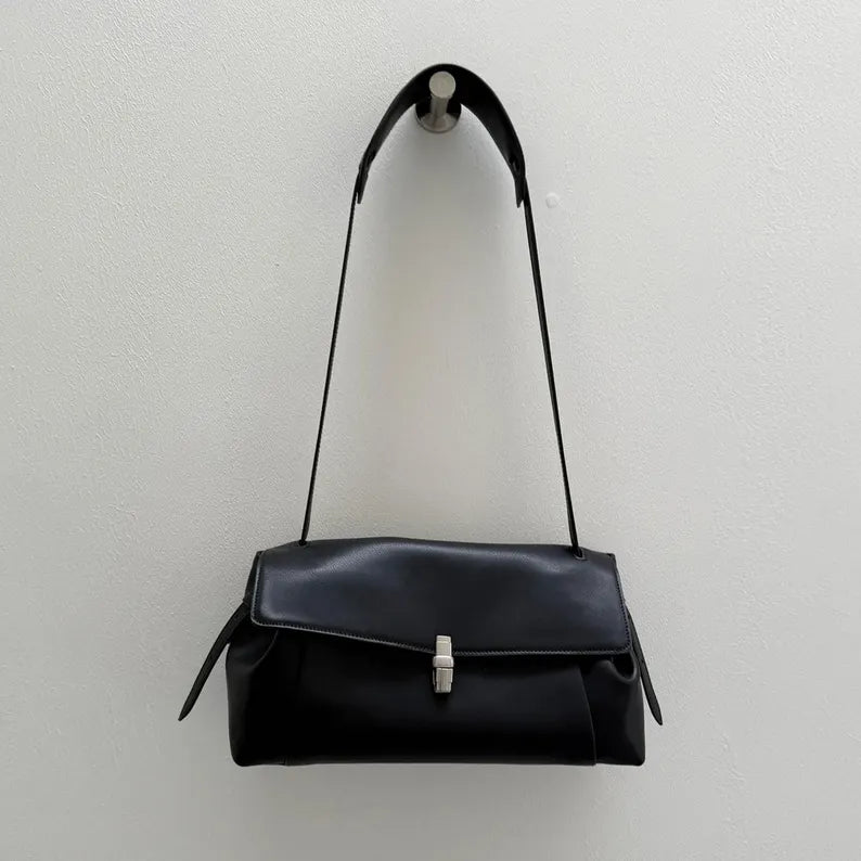 Soft Black Leather Flap Baguette Shoulder Bag