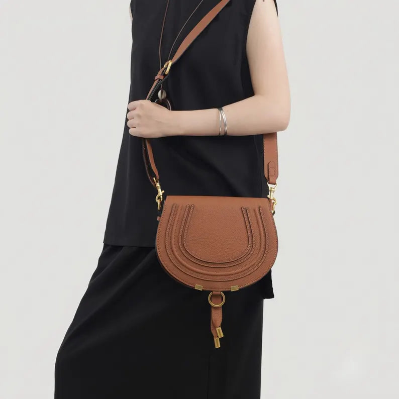 Layered Stitch Brown Leather Half Moon Saddle Crossbody Bag