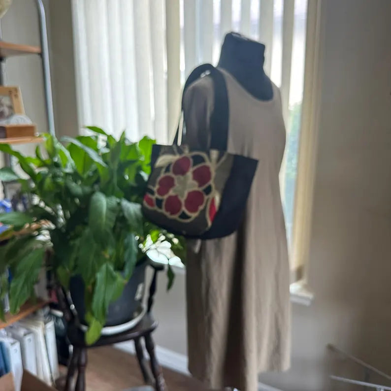Vintage Floral Cotton Boat Bottom Shoulder Tote Bag
